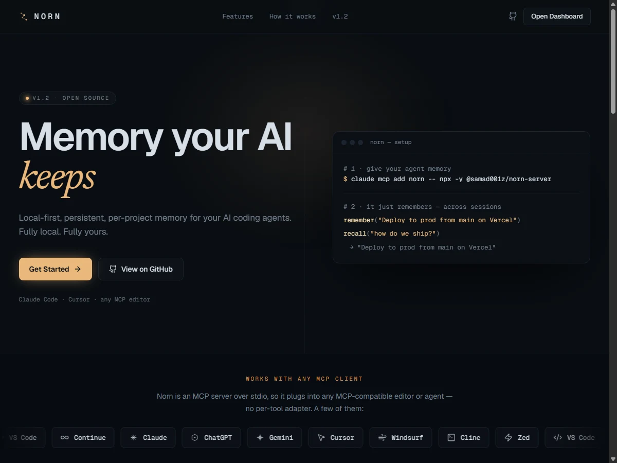 Norn website, persistent-memory MCP server for AI agents